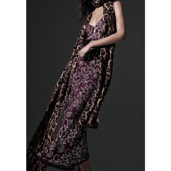 Zara Burgundy Sequin Midi / Maxi Slip Dress Spaghetti Strap V-Neck Size Small - Picture 2 of 10